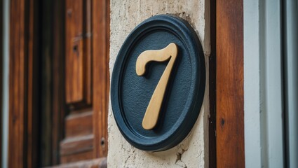 Wooden house number seven displayed on a building wall with a black circular backdrop, showcasing a classic design element.