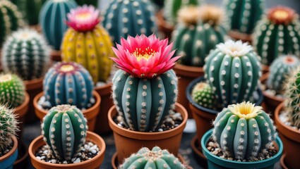 Fototapeta premium Vibrant Collection of Colorful Cacti in Small Pots with Blooming Flowers Ready for Sale