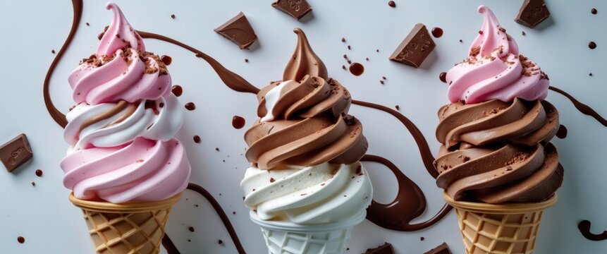 Delicious ice cream cones with chocolate and pink swirls on a white background with chocolate splashes and copy space for desserts.