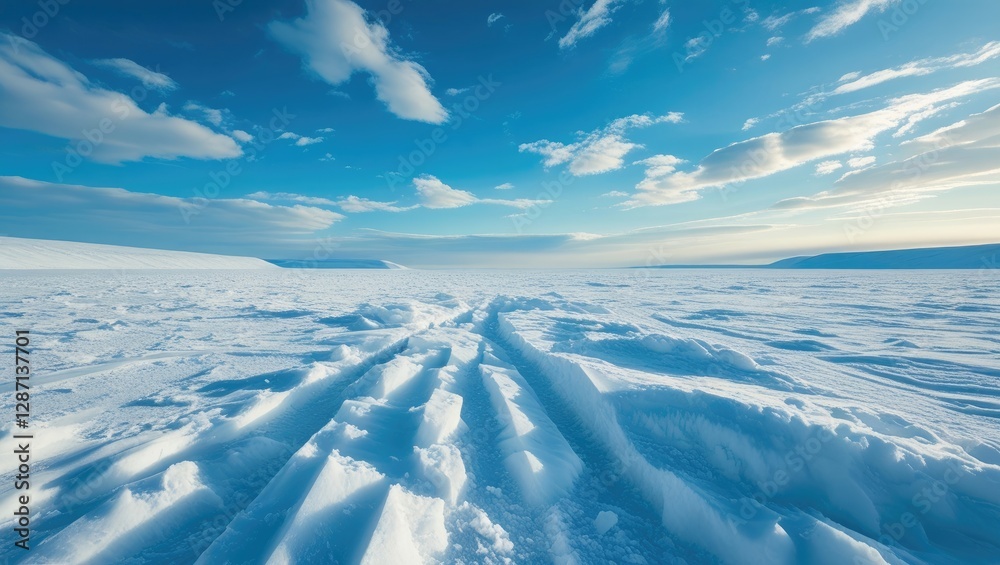 Aufkleber Vast winter landscape featuring textured snow patterns under a clear blue sky with soft clouds, creating a serene arctic atmosphere.