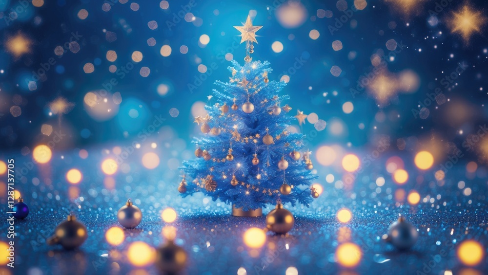 Fototapete festive christmas tree with shimmering blue background and sparkling bokeh lights creating a magical