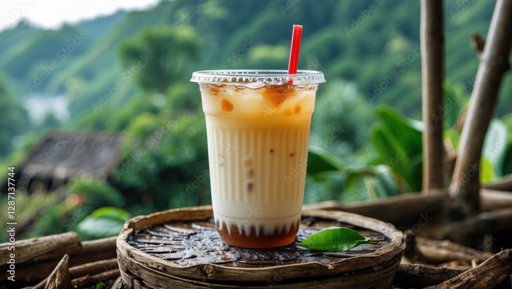 Poster Iced milk tea in a plastic cup with a scenic natural backdrop and ample space for text to enhance promotional content.
