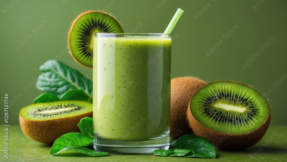 Aufkleber refreshing kiwi smoothie surrounded by fresh kiwi fruits and spinach on a vibrant green background