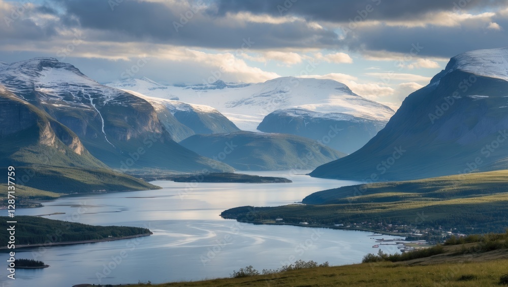 Poster breathtaking view of hjorundfjord surrounded by majestic alps near trandal capturing serene waters a