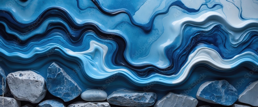 Aufkleber Fluid abstract art background in shades of blue featuring marble texture and stone elements creating a serene and artistic atmosphere.