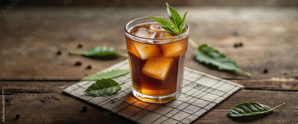 Poster refreshing iced tea in a glass with ice and leafy garnish on a rustic placemat surrounded by greener