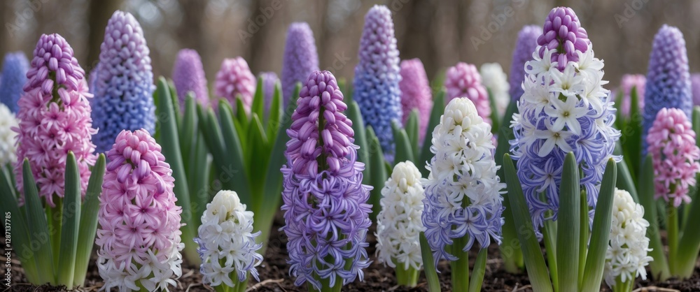 Poster colorful hyacinth flowers in bloom with green leaves and empty space for text background in a natura