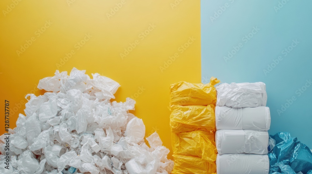Poster pile of plastic waste compared to neatly stacked recycled products showcasing recycling efforts for 
