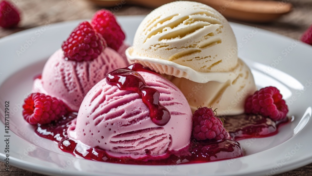 Poster delicious ice cream scoops with raspberry jam and fresh berries served on a white plate showcasing a