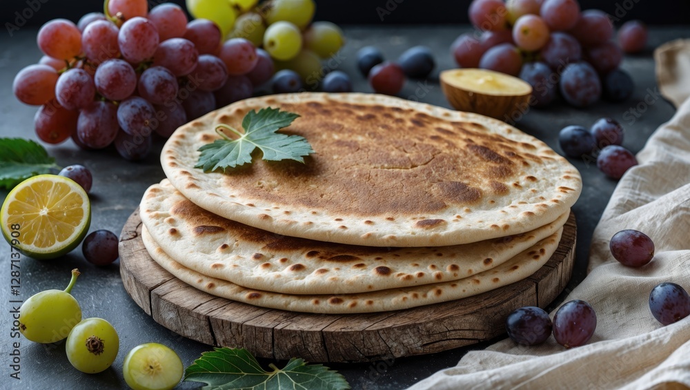 Poster Flatbreads served with fresh grapes and citrus, showcasing a rustic and colorful meal setup on a wooden board with natural elements.
