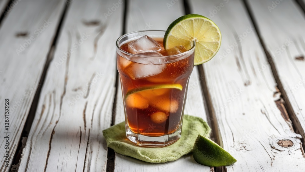 Poster refreshing iced tea with lime slice served in a glass on a white wooden table with natural light and