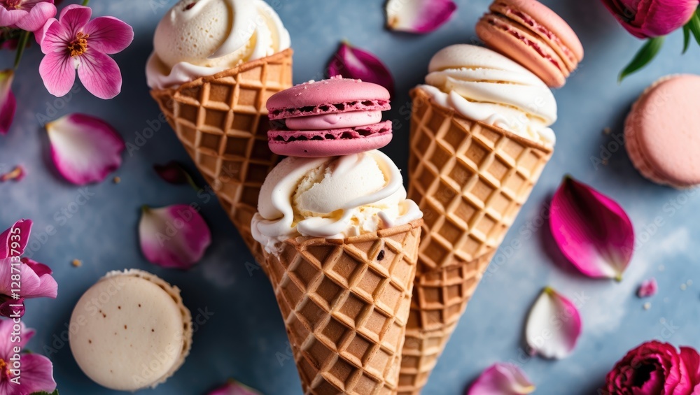 Poster ice cream waffle cones topped with macarons surrounded by flower petals romantic dessert display wit