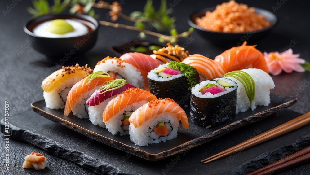 Poster elegant sushi platter with assorted fresh rolls and garnishes on slate background