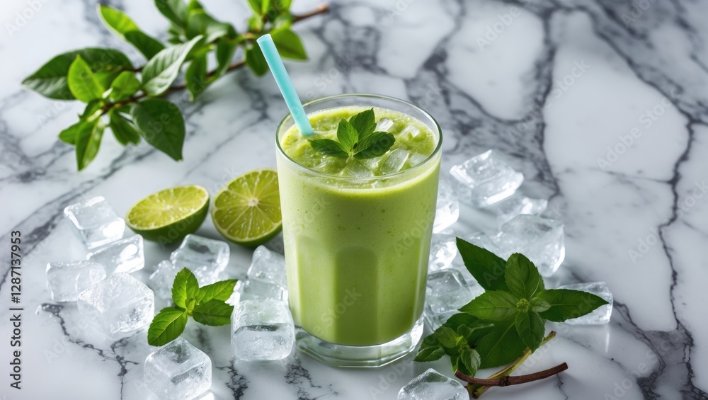 Poster refreshing ice green tea smoothie surrounded by ice cubes and fresh mint with limes on elegant marbl
