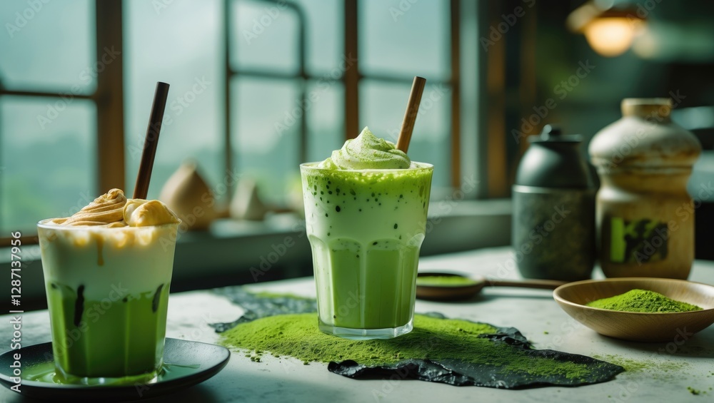 Poster Refreshing Ice Matcha Green Tea Latte with Condensed Milk and Empty Space for Custom Text in a Cozy CafÃ© Setting