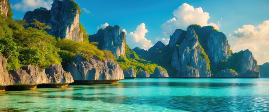 Limestone Islands Surrounded By Crystal Clear Waters In A Remote Lagoon At Wayag Island Ideal For Summer Getaways And Holiday Retreats