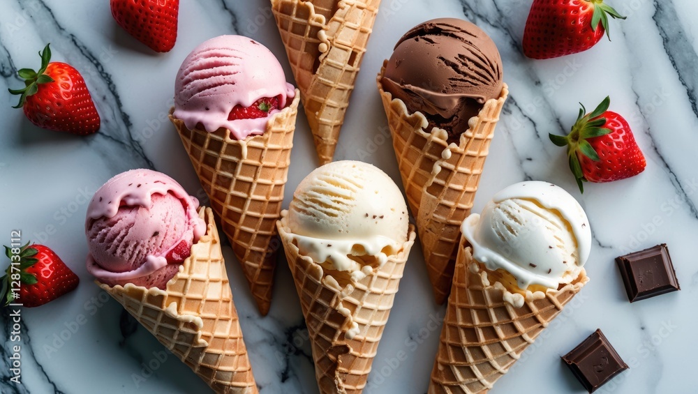 Poster assorted ice cream cones with strawberry chocolate and vanilla flavors on marble background surround