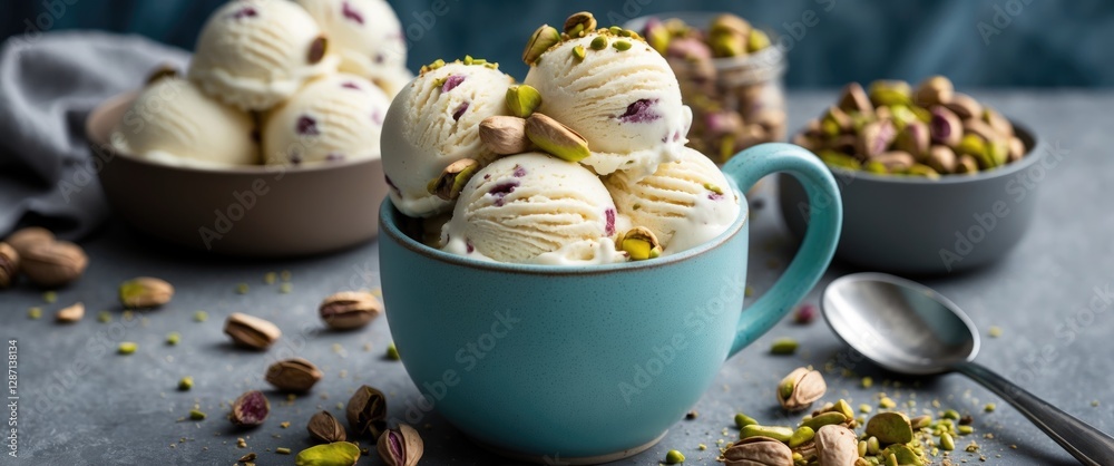 Leinwandbilder Pistachio Ice Cream Scoops in a Mug with Nuts on a Gray Surface and Empty Space for Text or Branding