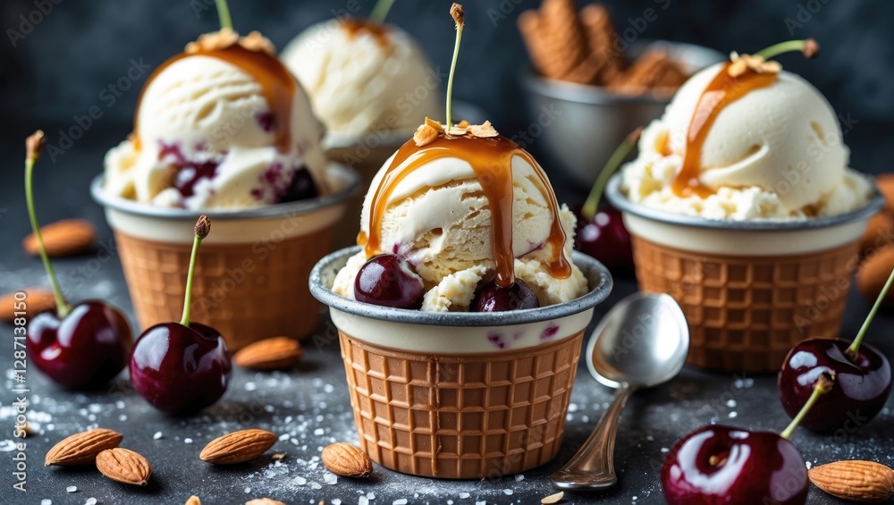 Poster delicious homemade caramel ice cream served with cherries and almonds in waffle cups on a rustic bac