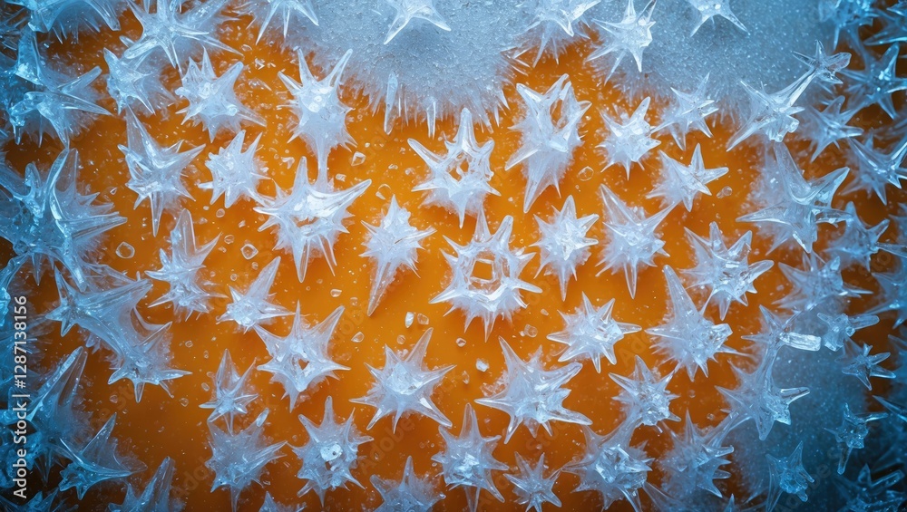 Aufkleber intricate ice crystal patterns on vibrant orange background showcasing delicate icicles and unique t