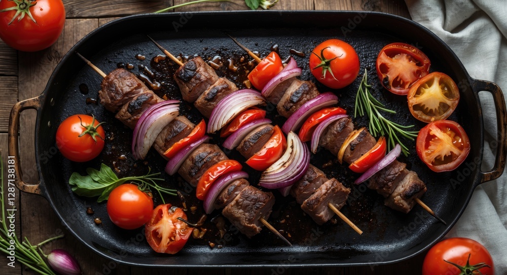 Fototapete grilled meat skewers with onions and tomatoes in rustic tray fresh ingredients with empty space for 