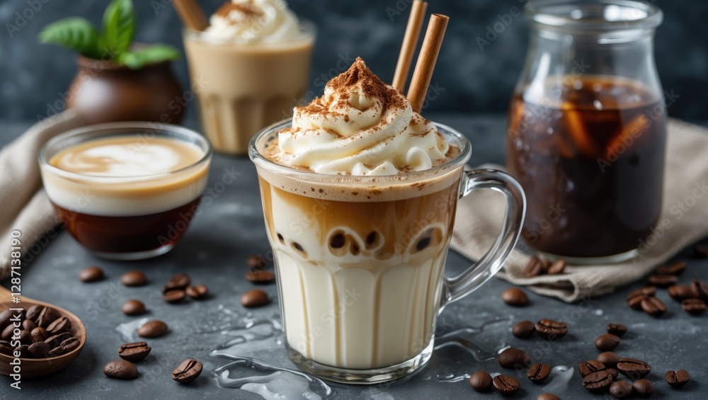 Poster iced coffee beverage with cream topping surrounded by various cold coffee drinks and coffee beans on