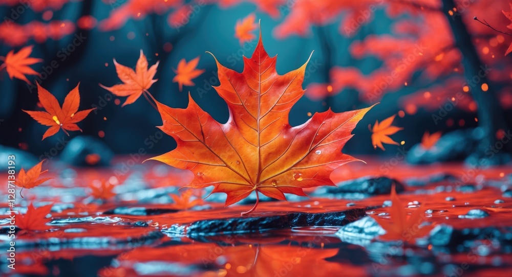 Poster vibrant japanese maple leaves surrounded by a serene autumn landscape with reflections on water crea