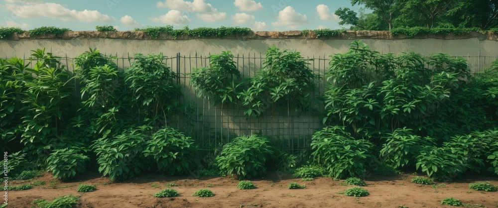 Aufkleber lush green foliage forming a dense fence against a rustic wall in a rural setting with dirt surface 