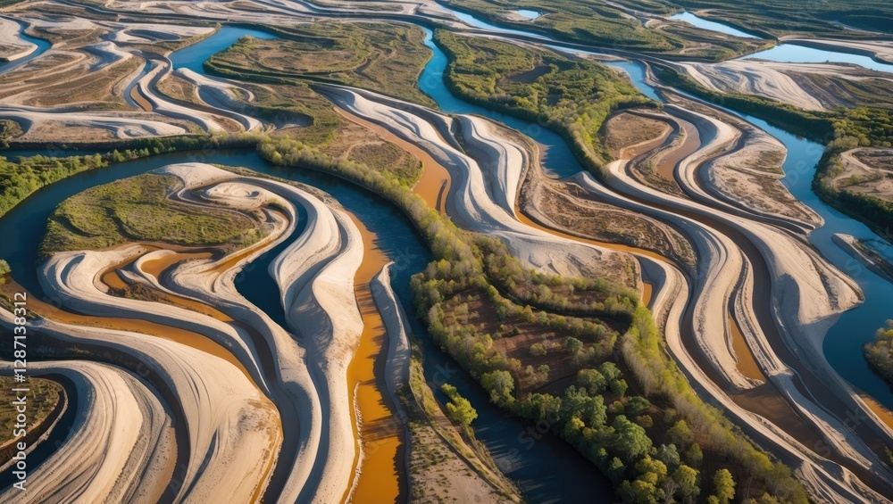 Poster aerial view of meandering rivers and streams showcasing intricate sediment patterns and lush vegetat