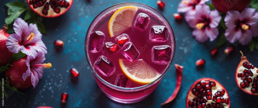 Poster hibiscus pomegranate kombucha mocktail in glass with ice and lemon slices surrounded by flowers and 