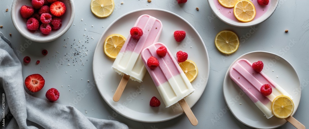 Poster Homemade Yogurt Ice Pops Garnished with Fresh Berries and Lemon Slices on White Plate Over Light Gray Table with Copy Space for Text