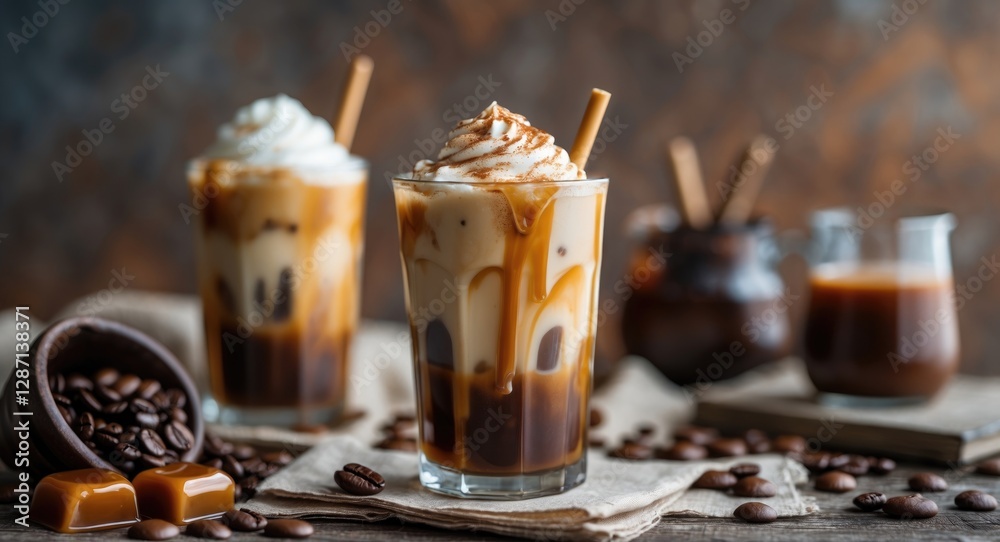 Aufkleber Iced Caramel Coffee with Whipped Cream and Sauces on Rustic Table with Coffee Beans and Empty Space for Custom Text