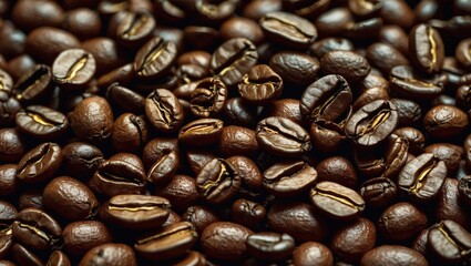 Fototapeta premium Close up view of freshly roasted coffee beans showcasing rich textures and colors ideal for coffee-related themes and advertising.