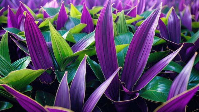 Vibrant purple and green leaves of Tradescantia spathacea create a striking visual in lush garden settings, showcasing botanical beauty and texture.
