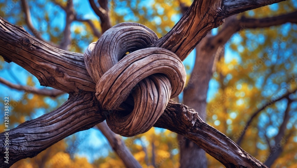 Aufkleber intricate knot of aged dry tree branches showcasing unique wooden texture amidst a backdrop of vibra
