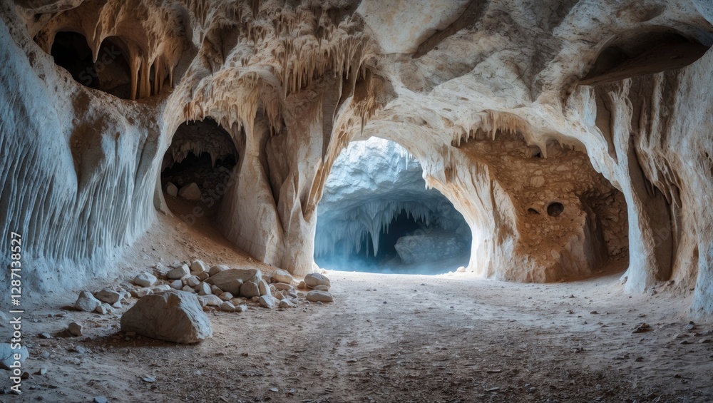 Poster Cave interior with unique karst formations and natural textures illuminated by light from cave entrance showcasing intricate geological features.