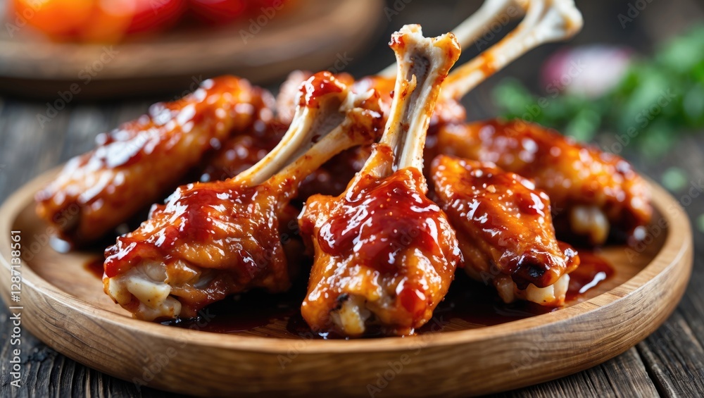 Aufkleber Delicious BBQ chicken lollipop wings on a wooden plate with a rustic background showcasing a close-up view and ample empty space for text.