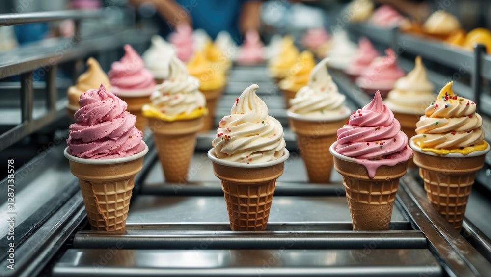 Poster Ice Cream Cones on Conveyor Belt in Factory Setting with Empty Space for Promotional Text or Branding