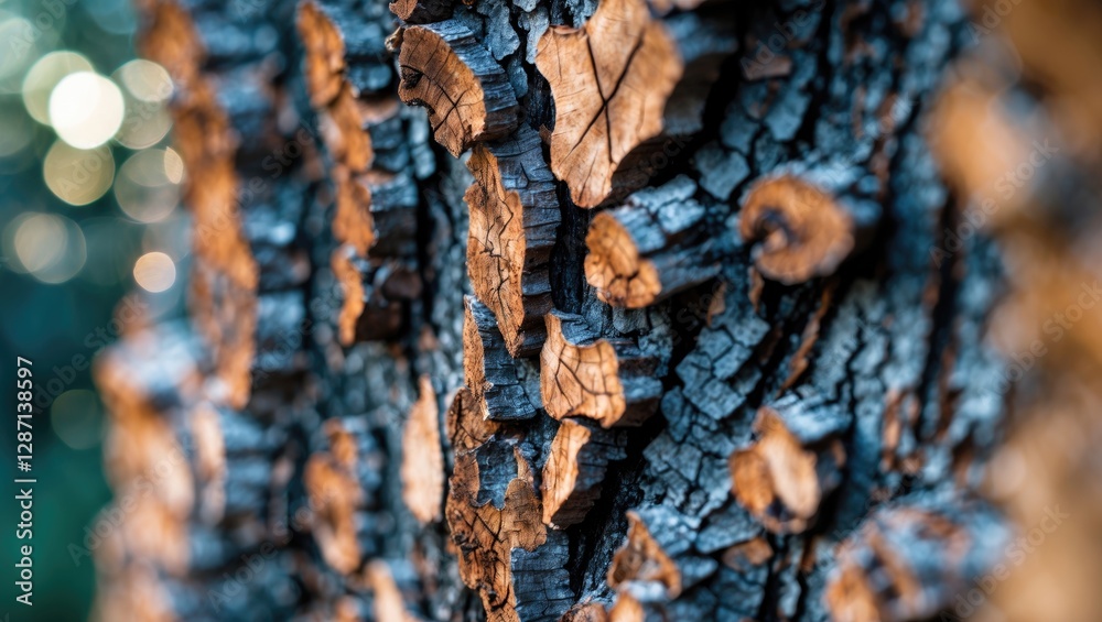 Poster Italian pine bark texture close-up with soft bokeh background highlighting natural patterns and earthy tones for artistic or design use