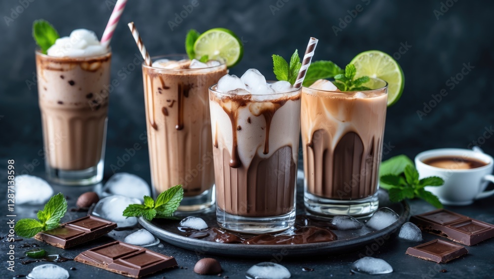 Poster chilled iced chocolate cocktails with mint and lime garnish on dark background refreshing summer dri