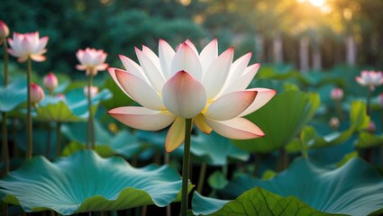 Obraz premium Lotus Flower Blooming Amidst Lush Green Leaves in Serene Garden Setting with Soft Warm Light