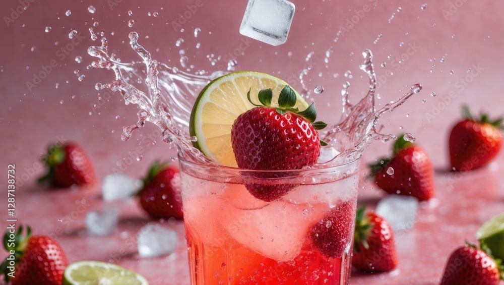 Poster refreshing summer cocktail with splashes of strawberry lemonade, garnished with lime and strawberrie