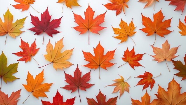 Vibrant autumn maple leaves in various colors arranged on a white background creating a seasonal decorative texture