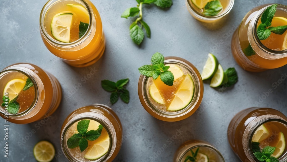 Aufkleber refreshing homemade fermented kombucha in glass jars with mint and lemon garnish on gray table top v