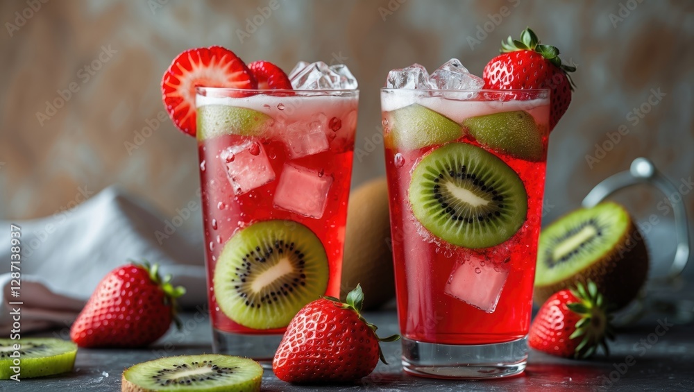 Aufkleber refreshing italian soda with kiwi and strawberry garnished with ice cubes in two glasses. perfect su