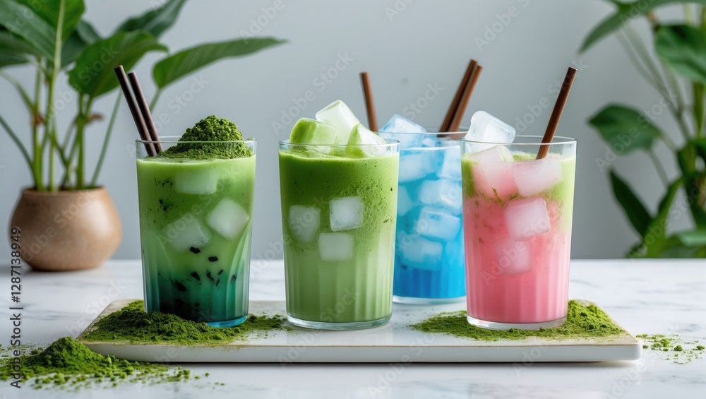 Aufkleber vibrant matcha ice tea selection with colorful beverages on a white table featuring ice cubes and gr