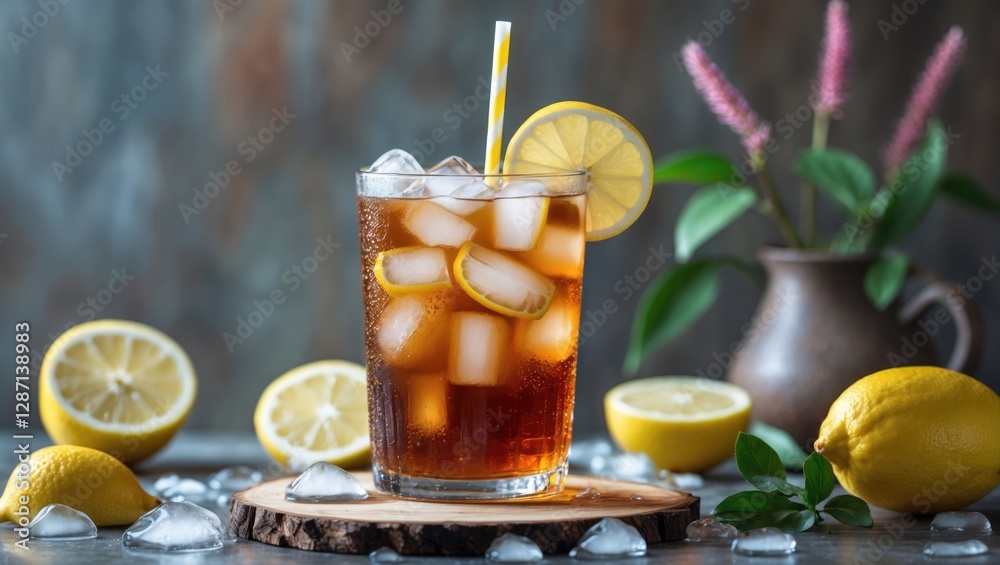 Poster refreshing iced tea with lemon and ice served in a glass with a straw surrounded by fresh lemons and