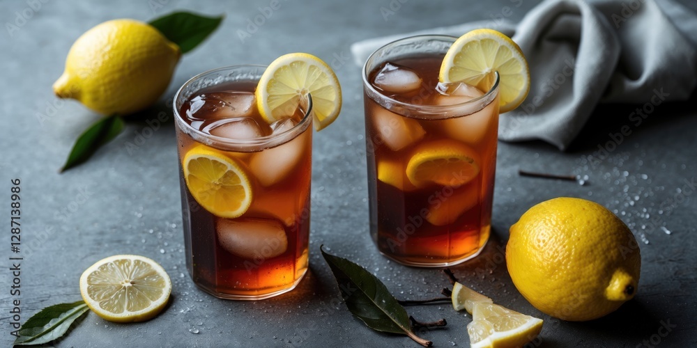 Aufkleber Refreshing Iced Tea with Lemon Slices and Fresh Lemons beside Glasses on Dark Surface with Empty Space for Text or Branding