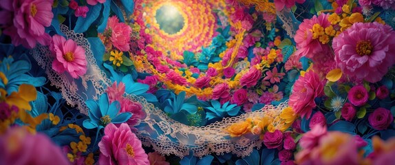 Vibrant floral tunnel with colorful flowers and lace creating a whimsical and enchanting atmosphere in nature's beauty.