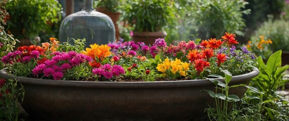 Obraz premium Vibrant Flowering Plants Surrounded by Water in a Large Decorative Pot in a Lush Garden Setting